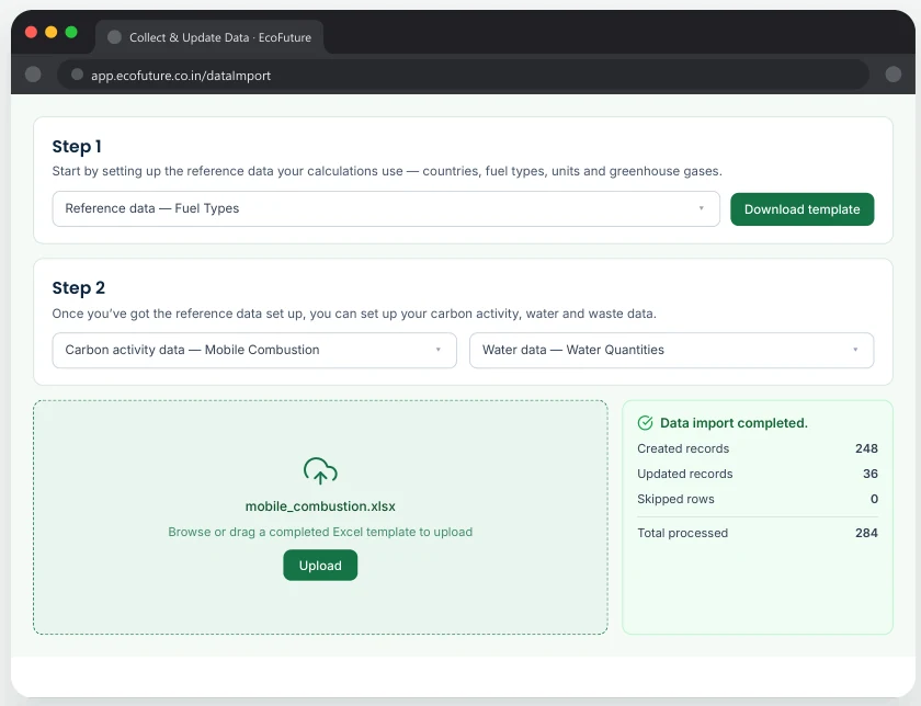 EcoFuture Collect and Update Data screen: choose reference data and activity templates, download a template, then upload the completed Excel file