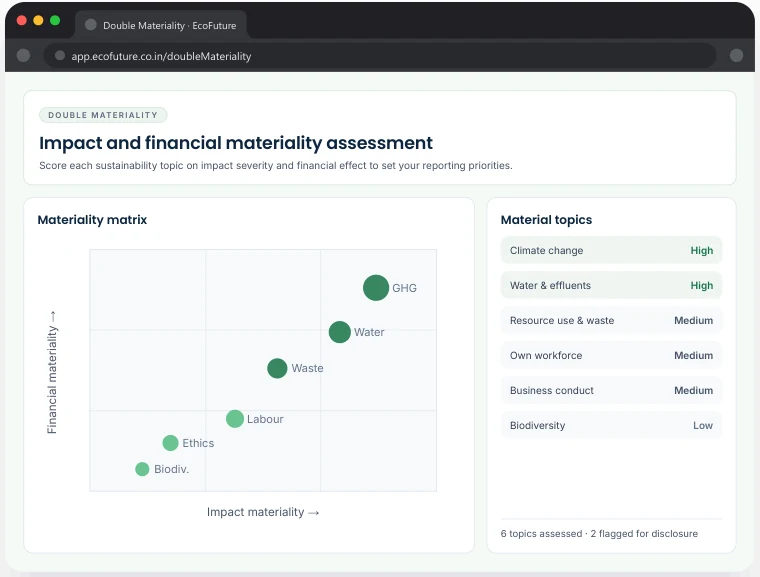 EcoFuture Double Materiality screen with a materiality matrix plotting topics by impact and financial materiality, and a list of material topics rated high, medium or low